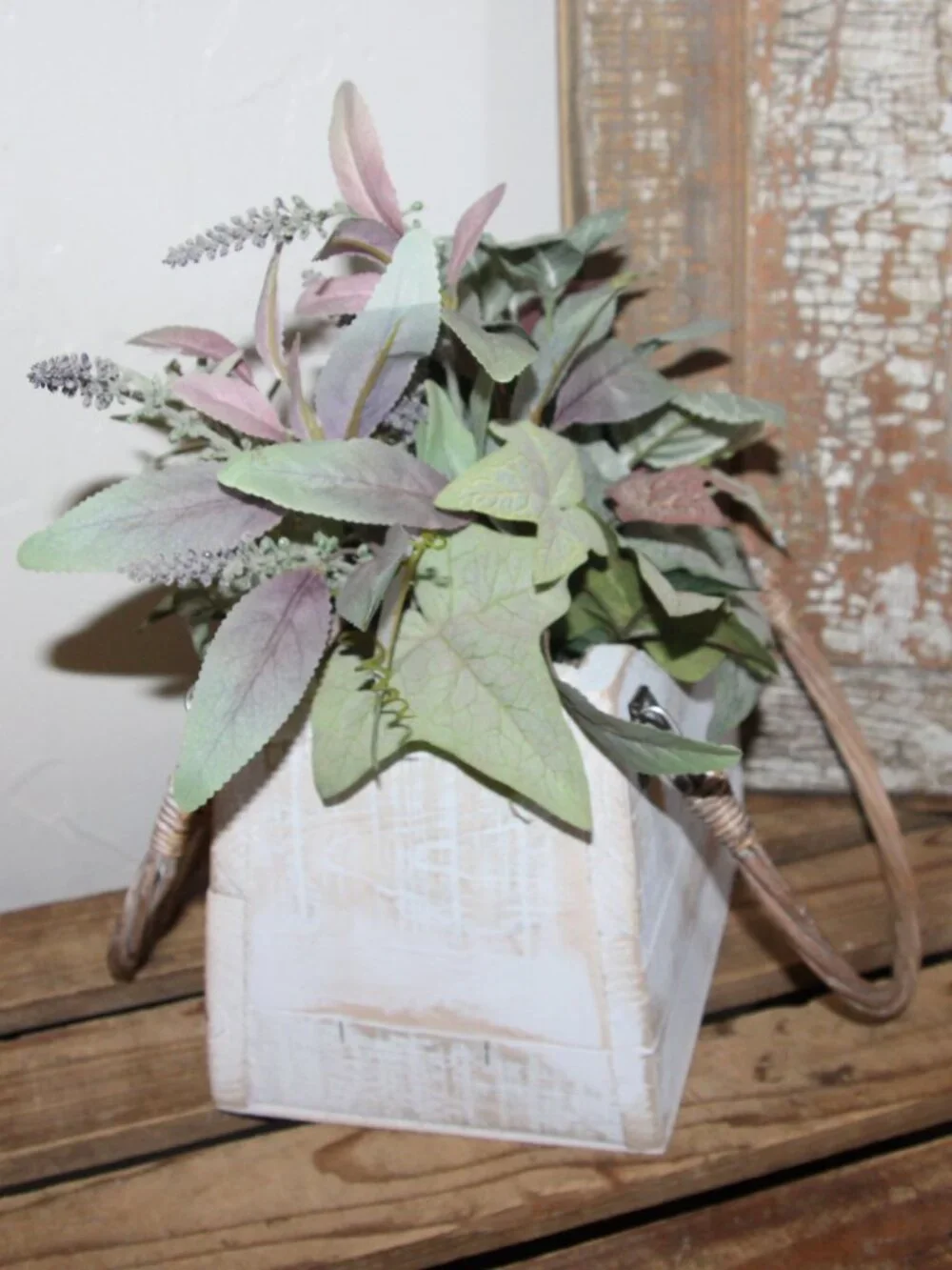 White Shabby Distressed Wood Basket Box with French Arrangement